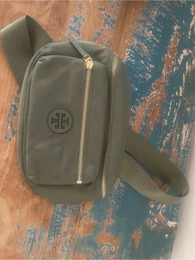 Tory Burch Olive Green Nylon Belt Bag with Gold Hardware